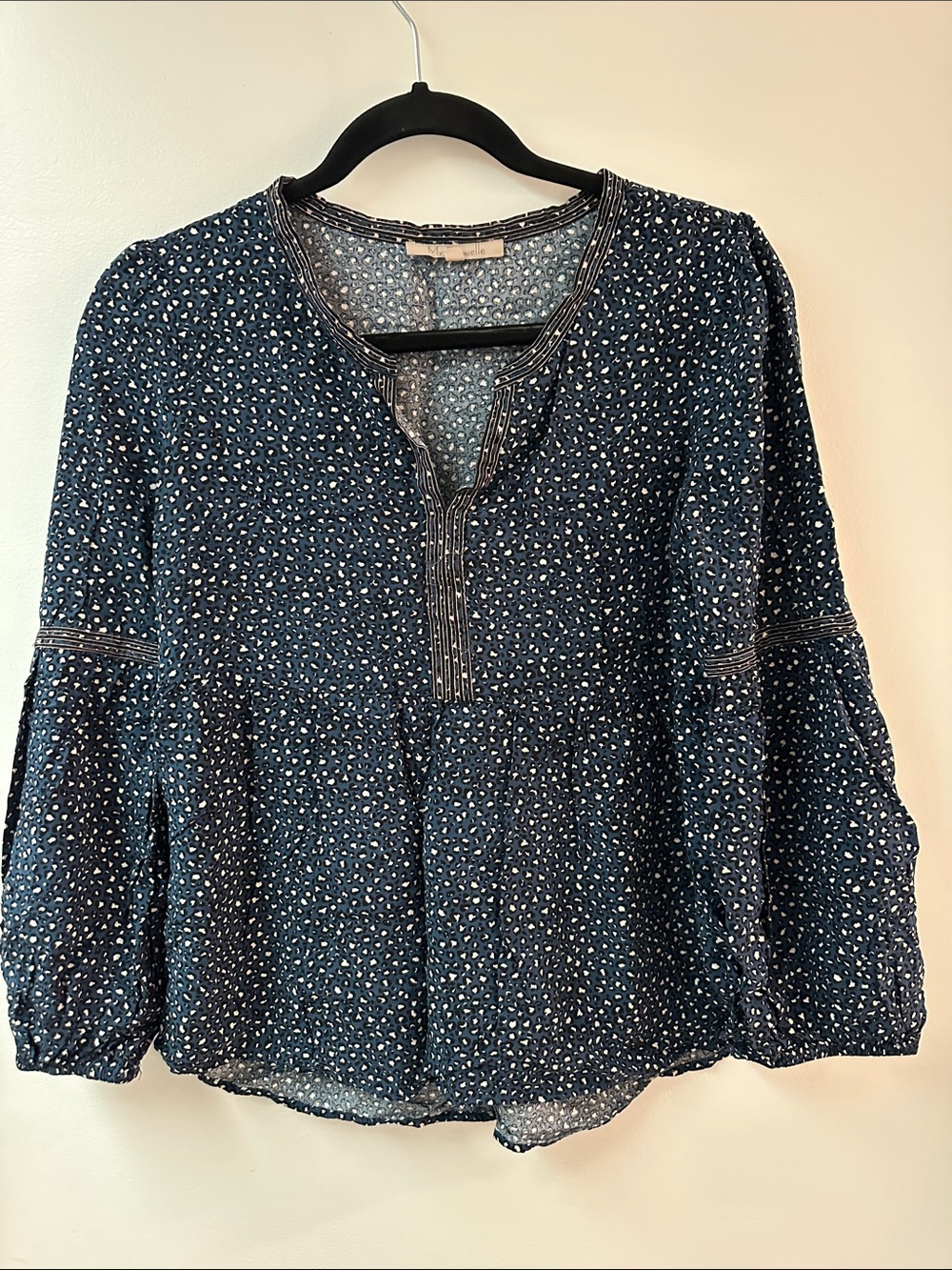 Navy Printed Peasant Blouse with Split Neck